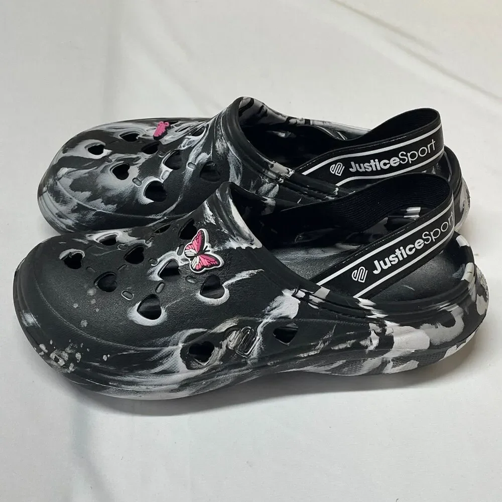 Justice Sport Marbled Heart Clogs Black White Slip-On Shoes Butterfly Charms
